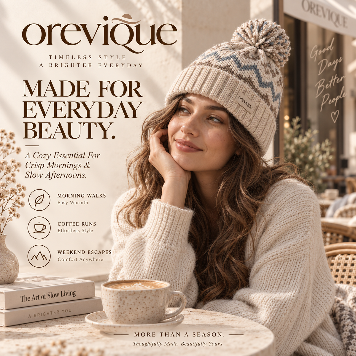 OREVIQUE® Nordic Pom-Pom Knit Beanie – Soft Warm Winter Hat
