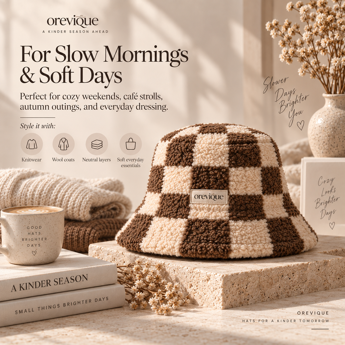 OREVIQUE® Teddy Checkered Bucket Hat – Soft Cozy Winter Hat
