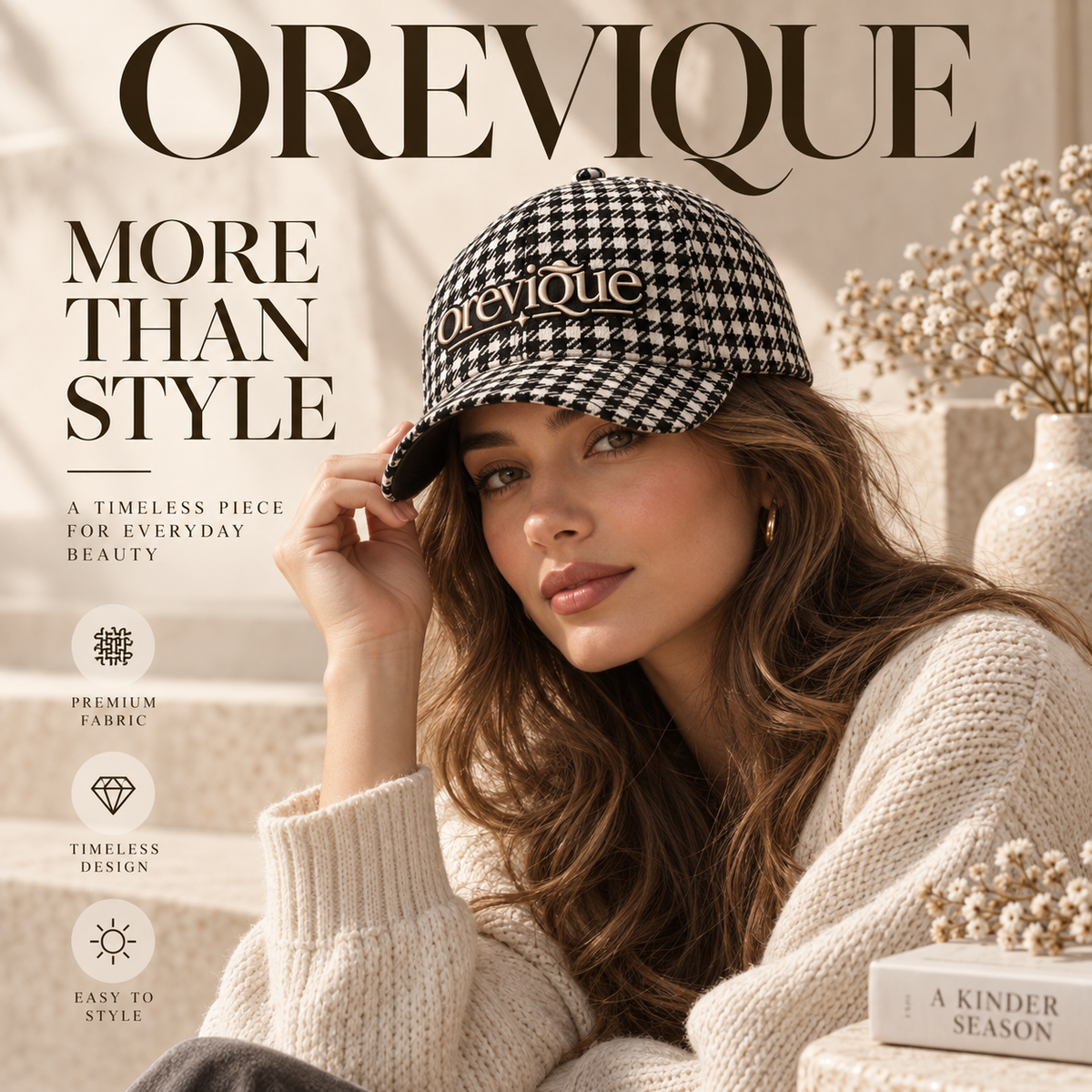 OREVIQUE® Houndstooth Baseball Cap – Classic Black & Cream Statement Hat