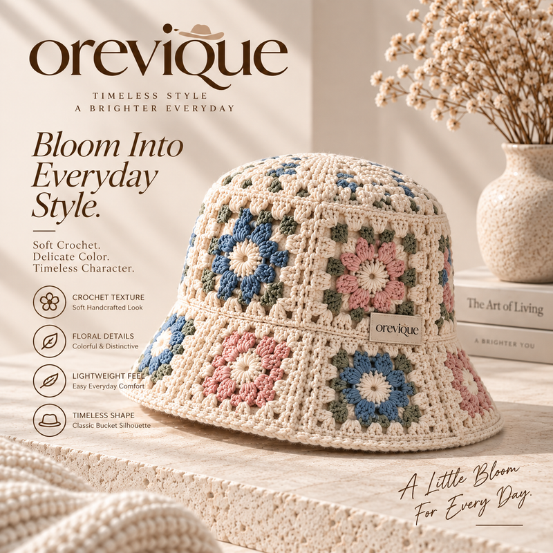 OREVIQUE® Floral Crochet Bucket Hat – Vintage Flower Knit Sun Hat