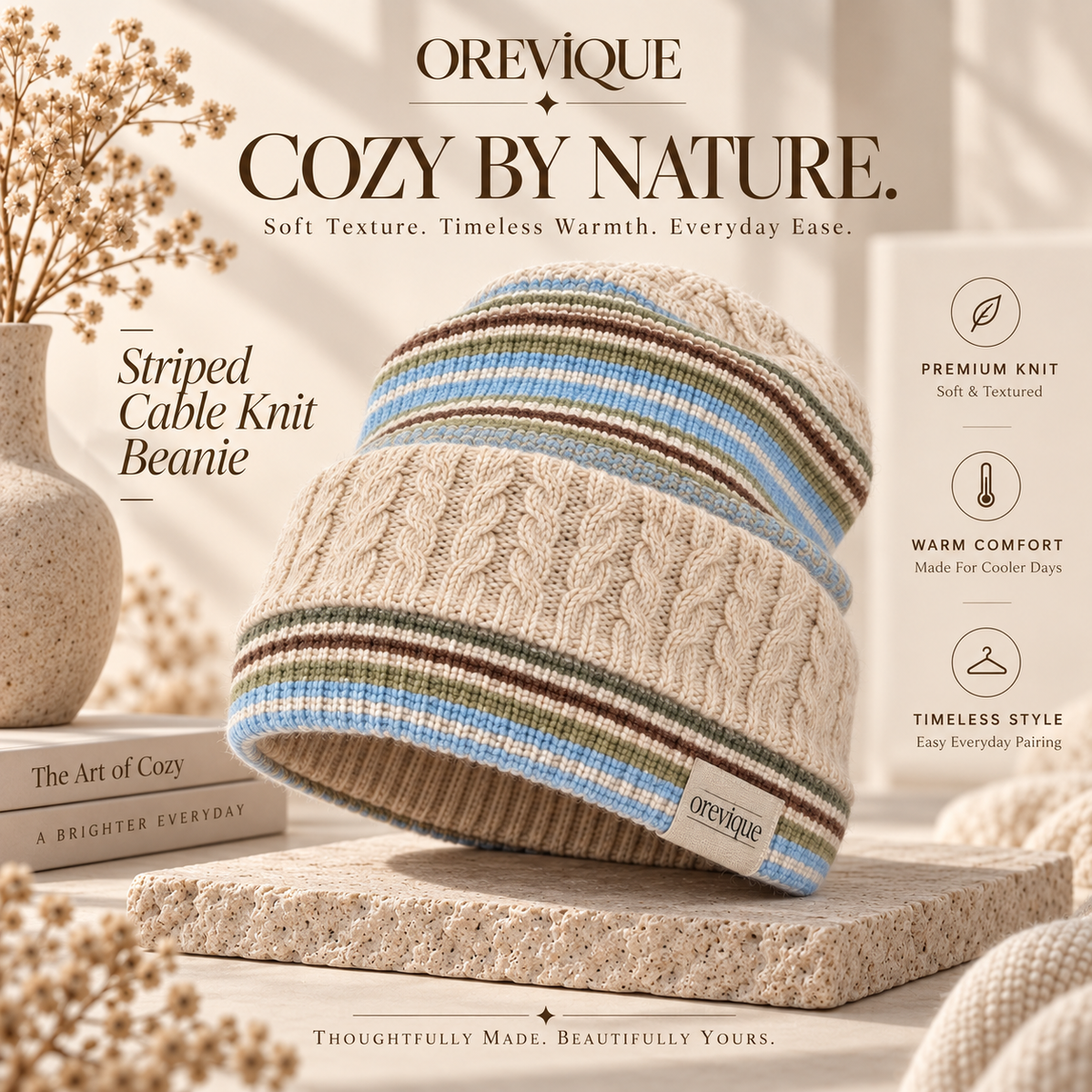 OREVIQUE® Striped Cable Knit Beanie – Soft Warm Everyday Knit Hat