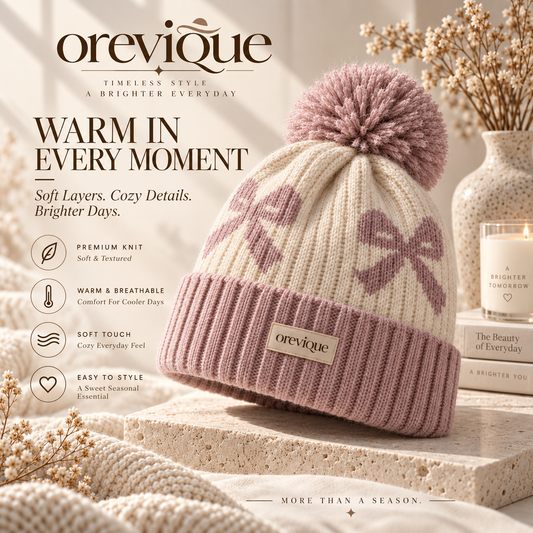 OREVIQUE® Bow Pattern Pom-Pom Knit Beanie – Soft Cozy Winter Hat
