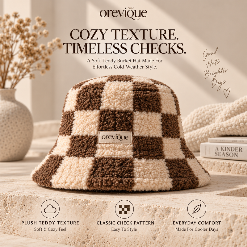 OREVIQUE® Teddy Checkered Bucket Hat – Soft Cozy Winter Hat