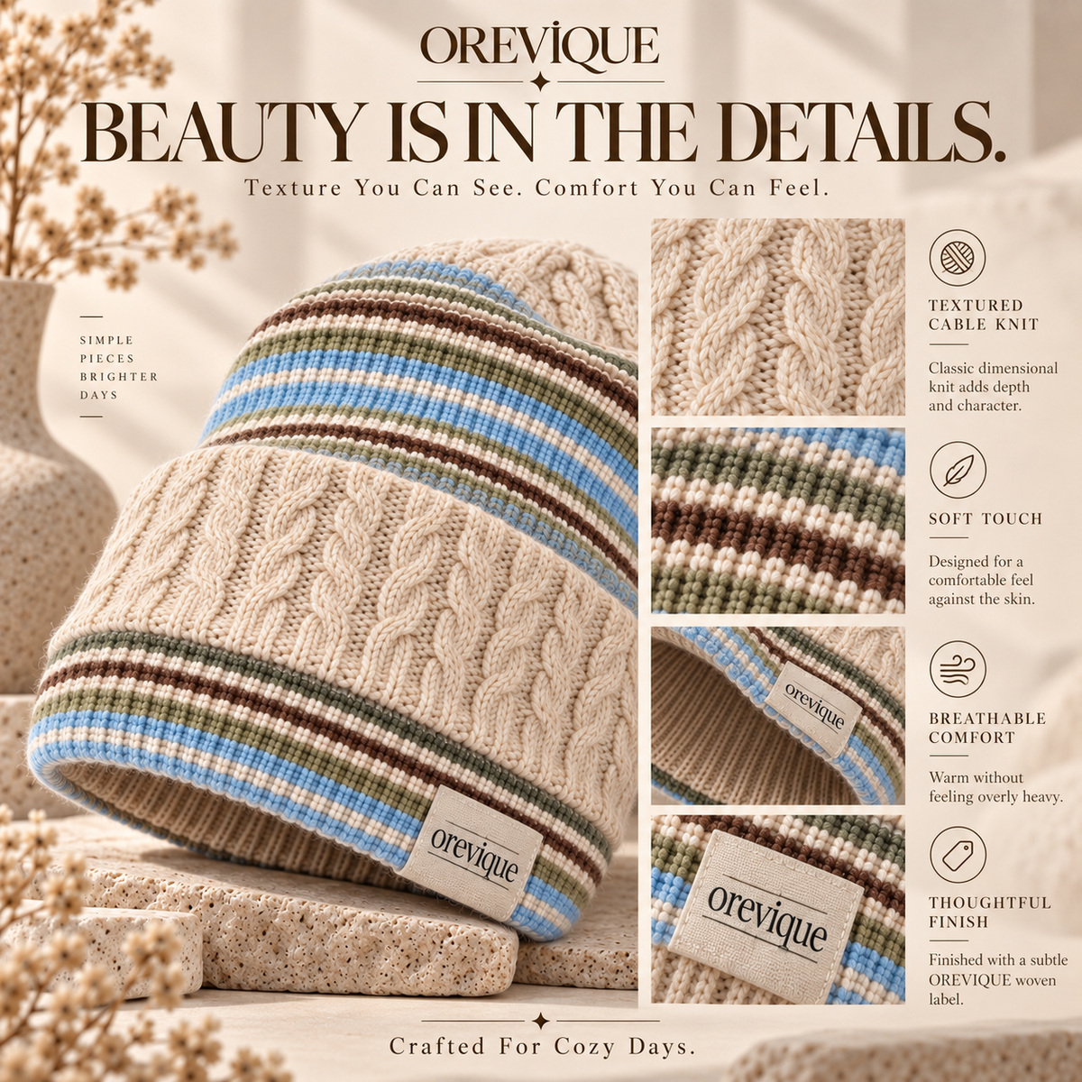 OREVIQUE® Striped Cable Knit Beanie – Soft Warm Everyday Knit Hat