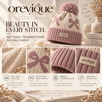 OREVIQUE® Bow Pattern Pom-Pom Knit Beanie – Soft Cozy Winter Hat