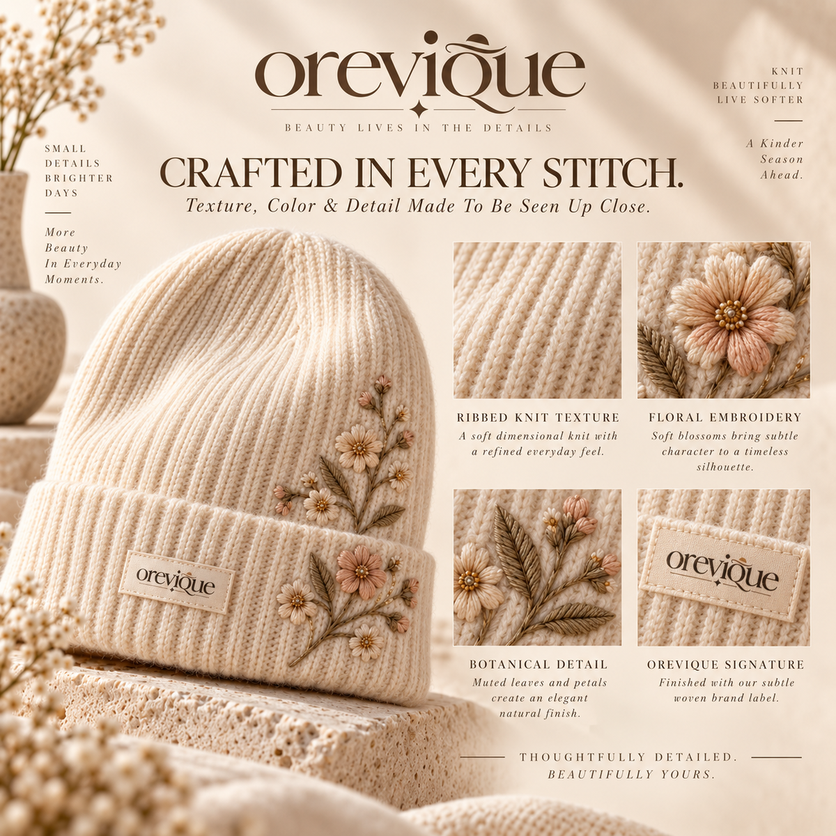 OREVIQUE® Floral Embroidered Knit Beanie – Soft Warm Botanical Winter Hat