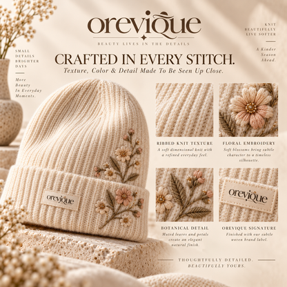 OREVIQUE® Floral Embroidered Knit Beanie – Soft Warm Botanical Winter Hat