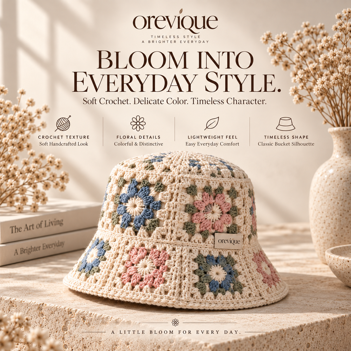OREVIQUE® Floral Crochet Bucket Hat – Vintage Flower Knit Sun Hat