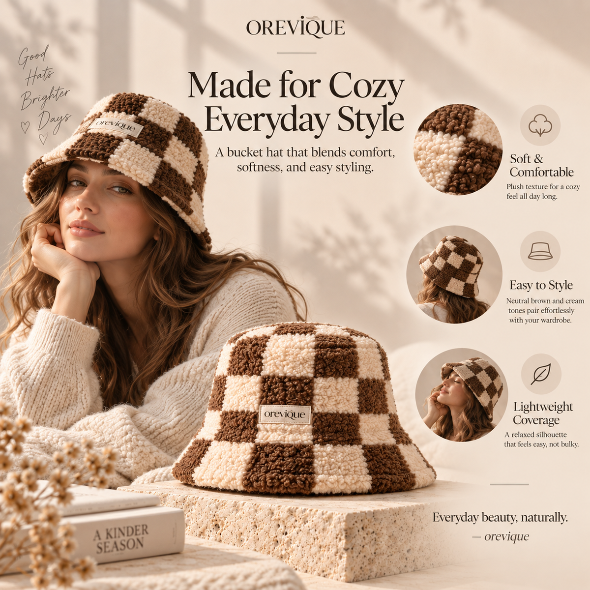 OREVIQUE® Teddy Checkered Bucket Hat – Soft Cozy Winter Hat