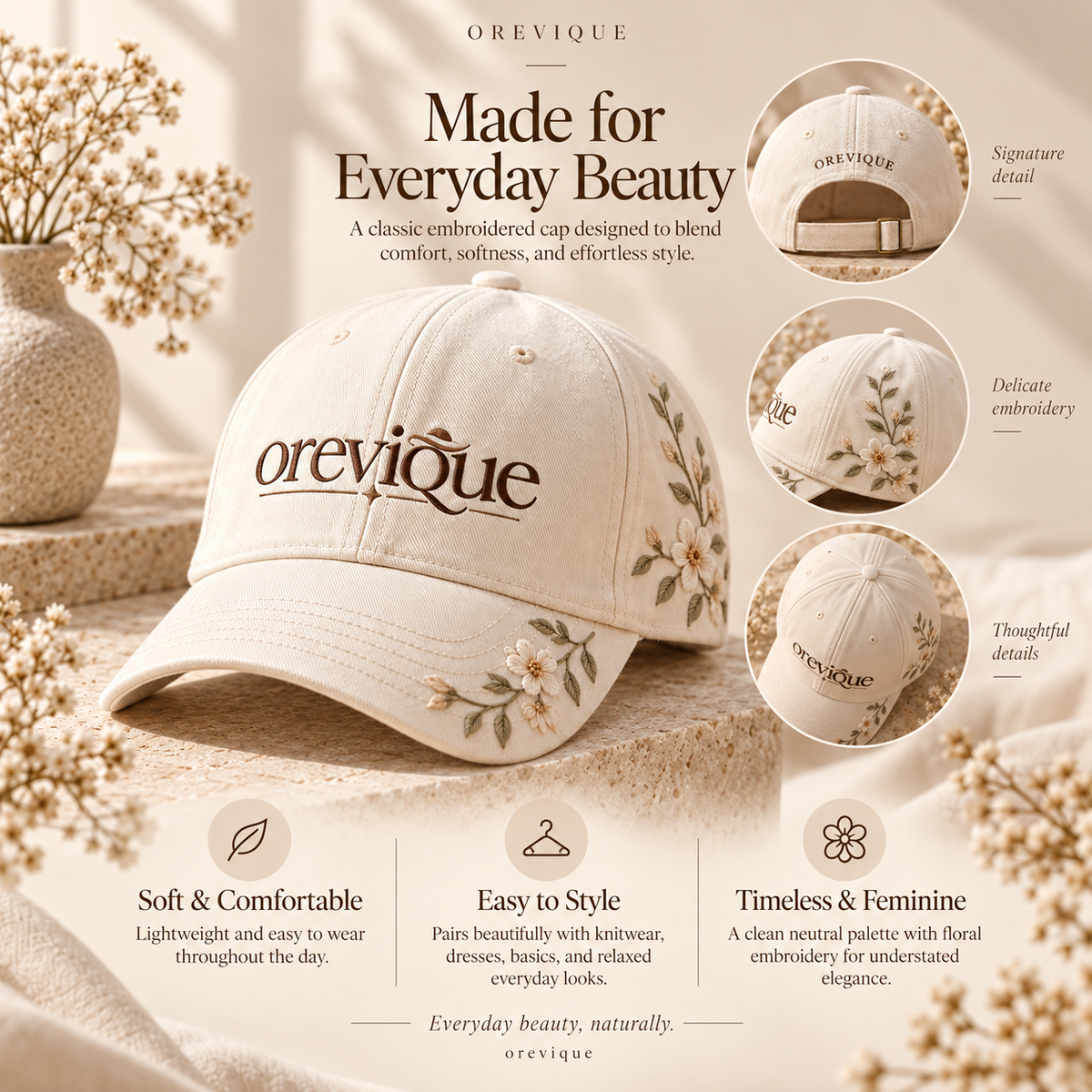 OREVIQUE® Wildflower Embroidered Baseball Cap – Feminine Floral Everyday Hat