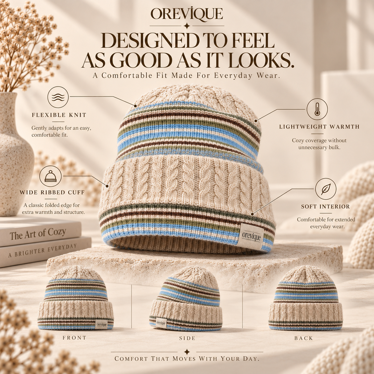 OREVIQUE® Striped Cable Knit Beanie – Soft Warm Everyday Knit Hat