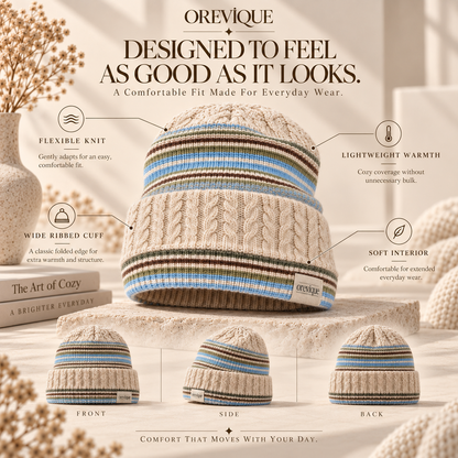 OREVIQUE® Striped Cable Knit Beanie – Soft Warm Everyday Knit Hat
