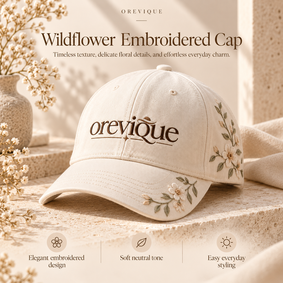 OREVIQUE® Wildflower Embroidered Baseball Cap – Feminine Floral Everyday Hat