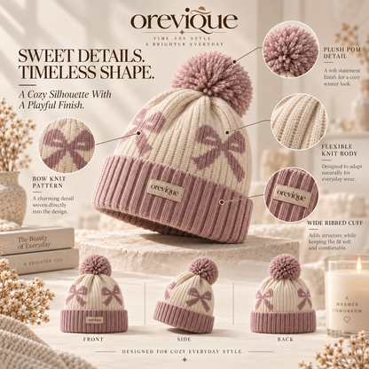 OREVIQUE® Bow Pattern Pom-Pom Knit Beanie – Soft Cozy Winter Hat