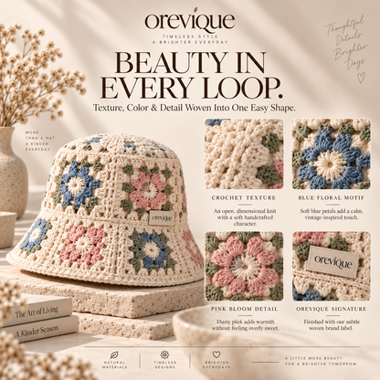 OREVIQUE® Floral Crochet Bucket Hat – Vintage Flower Knit Sun Hat