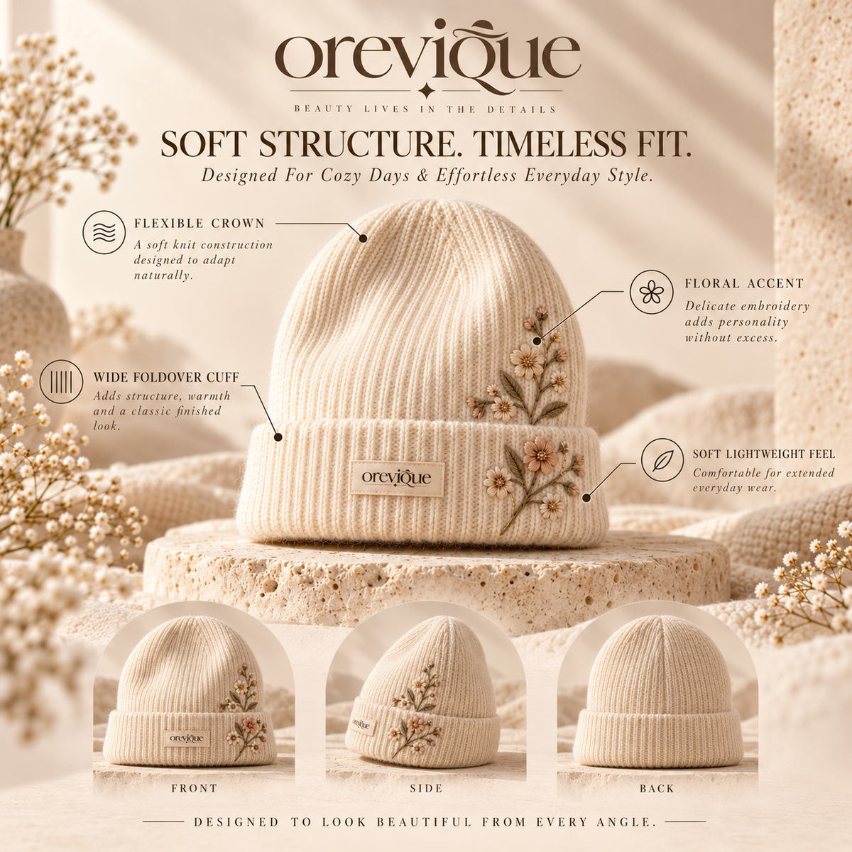 OREVIQUE® Floral Embroidered Knit Beanie – Soft Warm Botanical Winter Hat