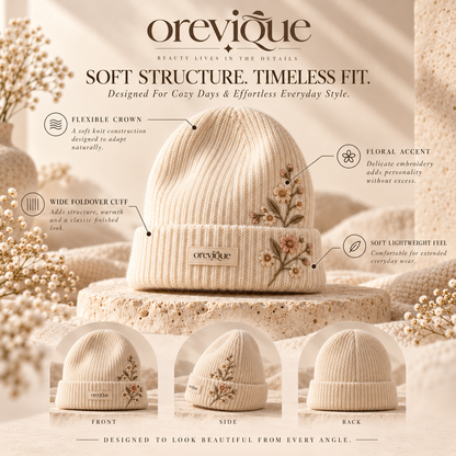 OREVIQUE® Floral Embroidered Knit Beanie – Soft Warm Botanical Winter Hat