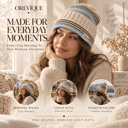 OREVIQUE® Striped Cable Knit Beanie – Soft Warm Everyday Knit Hat