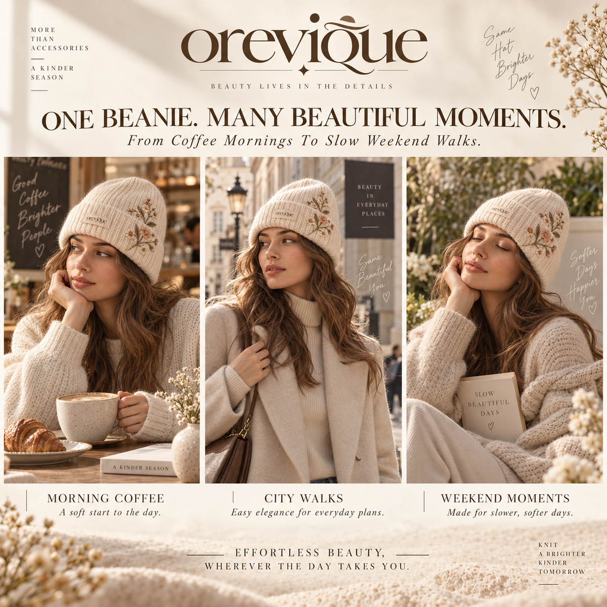 OREVIQUE® Floral Embroidered Knit Beanie – Soft Warm Botanical Winter Hat