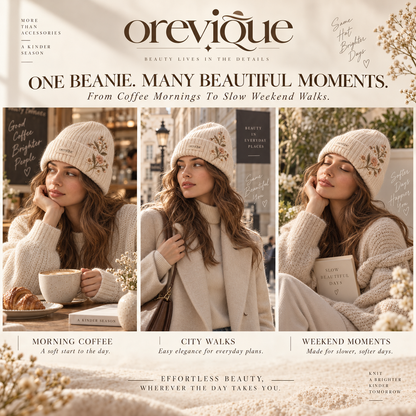 OREVIQUE® Floral Embroidered Knit Beanie – Soft Warm Botanical Winter Hat