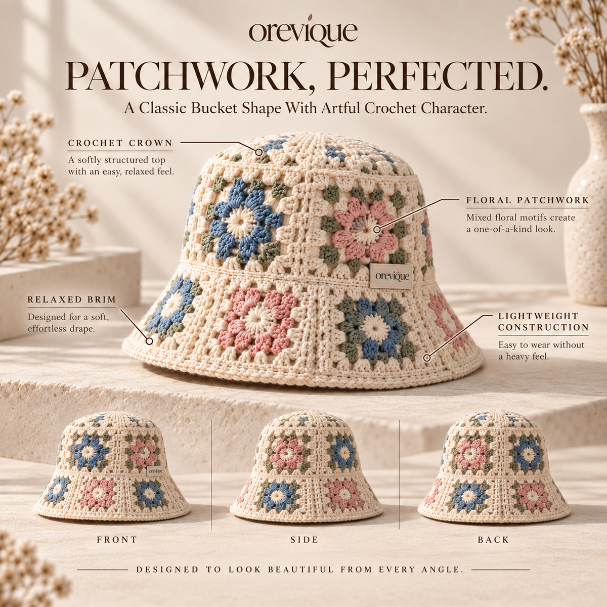 OREVIQUE® Floral Crochet Bucket Hat – Vintage Flower Knit Sun Hat