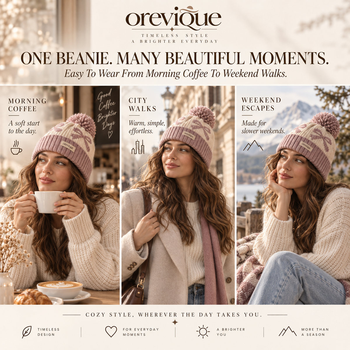 OREVIQUE® Bow Pattern Pom-Pom Knit Beanie – Soft Cozy Winter Hat