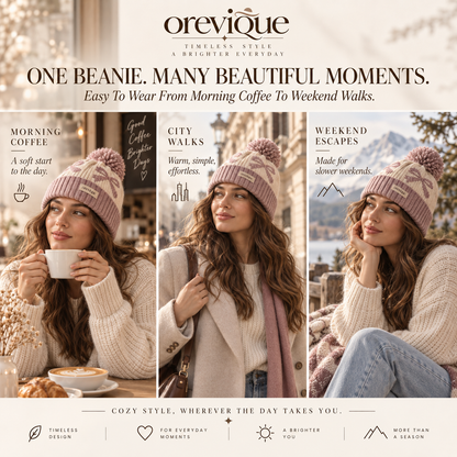 OREVIQUE® Bow Pattern Pom-Pom Knit Beanie – Soft Cozy Winter Hat