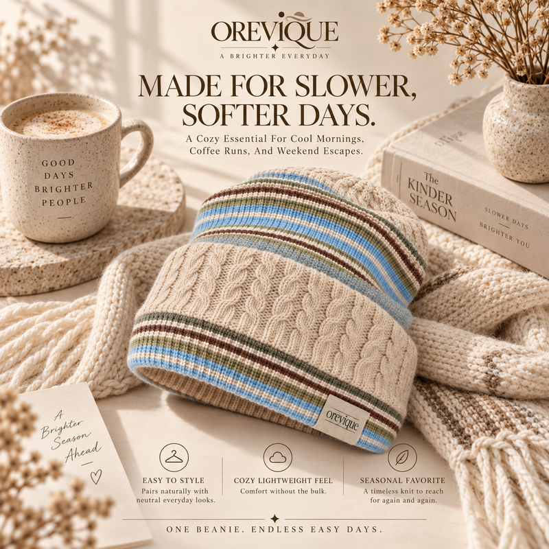 OREVIQUE® Striped Cable Knit Beanie – Soft Warm Everyday Knit Hat