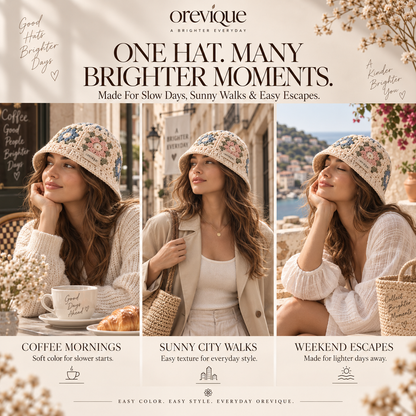 OREVIQUE® Floral Crochet Bucket Hat – Vintage Flower Knit Sun Hat
