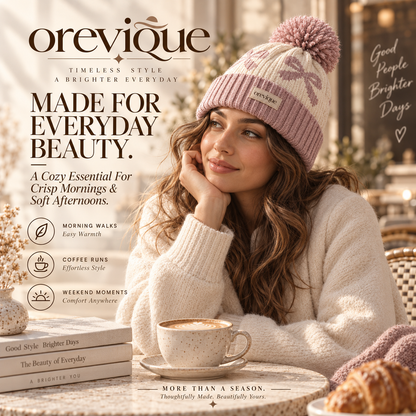 OREVIQUE® Bow Pattern Pom-Pom Knit Beanie – Soft Cozy Winter Hat