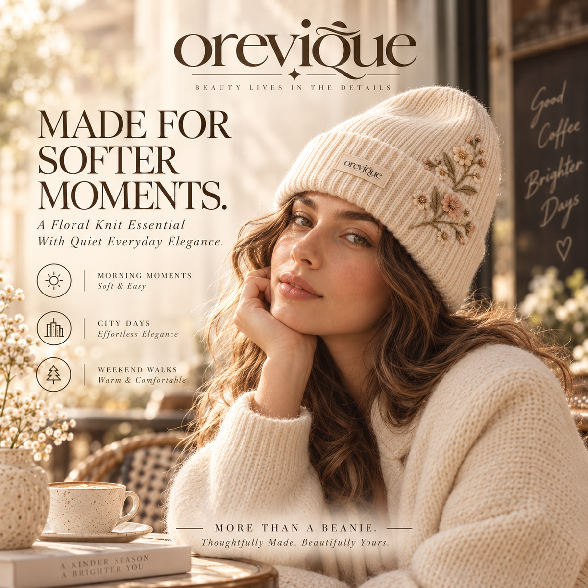 OREVIQUE® Floral Embroidered Knit Beanie – Soft Warm Botanical Winter Hat