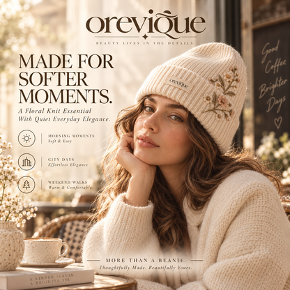 OREVIQUE® Floral Embroidered Knit Beanie – Soft Warm Botanical Winter Hat