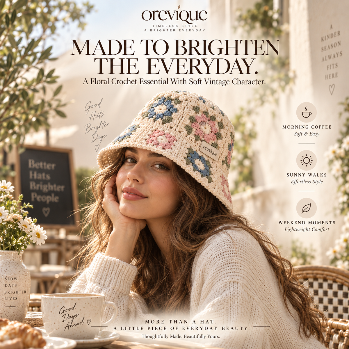 OREVIQUE® Floral Crochet Bucket Hat – Vintage Flower Knit Sun Hat