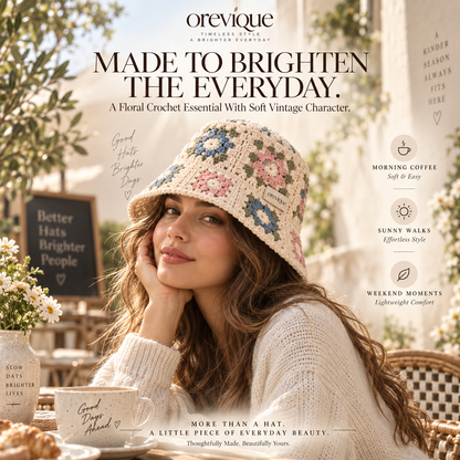 OREVIQUE® Floral Crochet Bucket Hat – Vintage Flower Knit Sun Hat