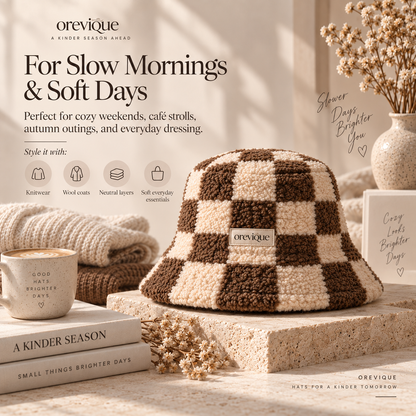 OREVIQUE® Teddy Checkered Bucket Hat – Soft Cozy Winter Hat
