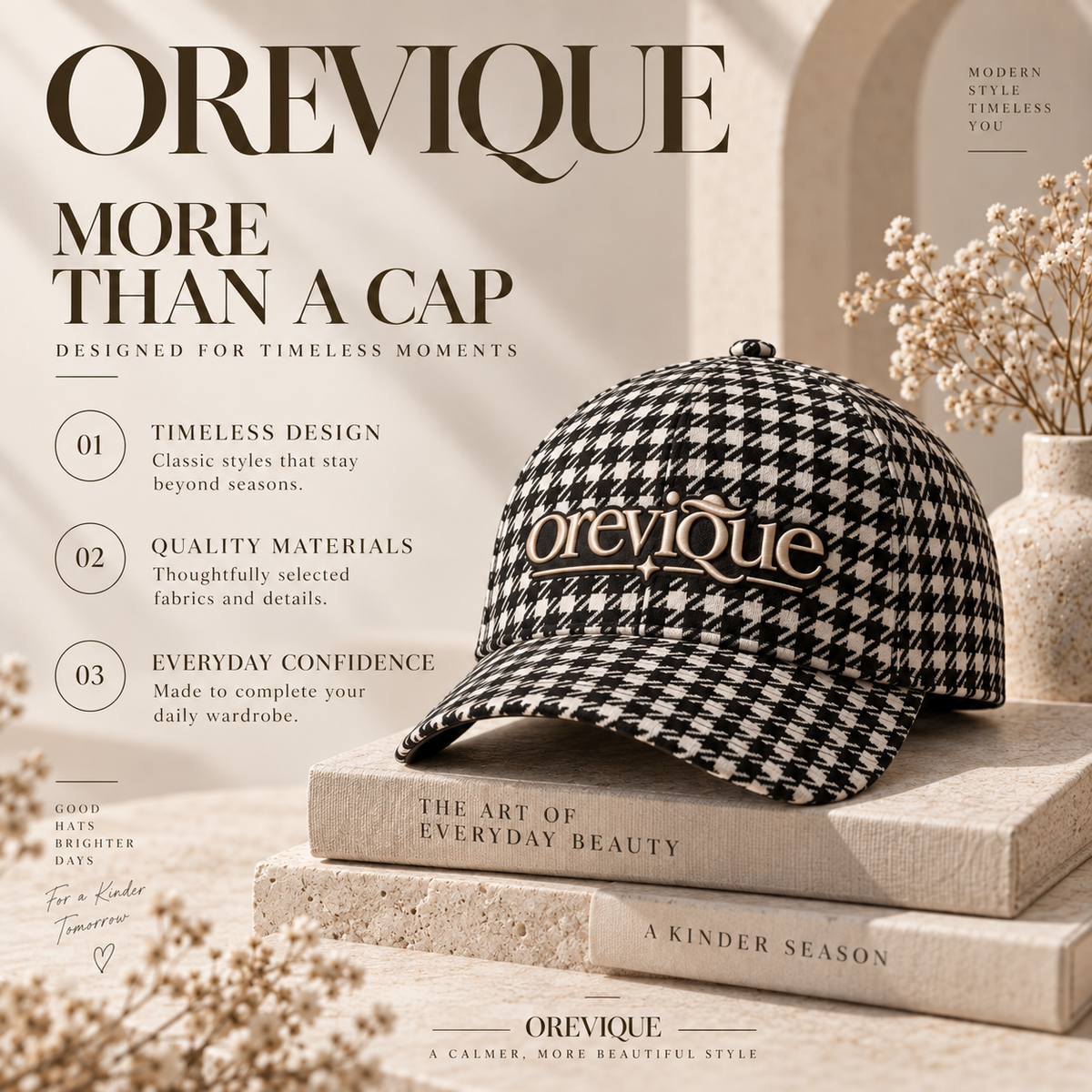 OREVIQUE® Houndstooth Baseball Cap – Classic Black & Cream Statement Hat