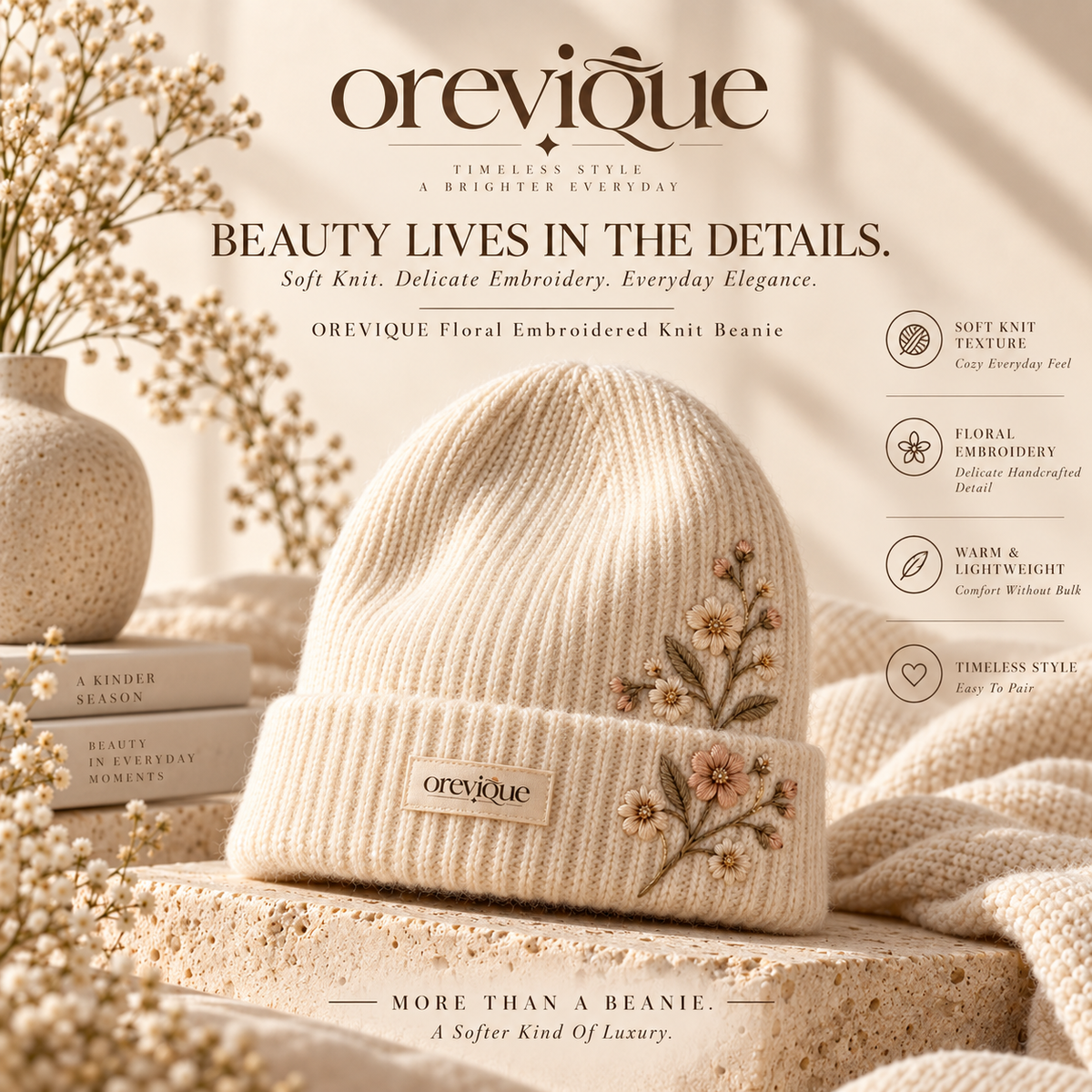 OREVIQUE® Floral Embroidered Knit Beanie – Soft Warm Botanical Winter Hat