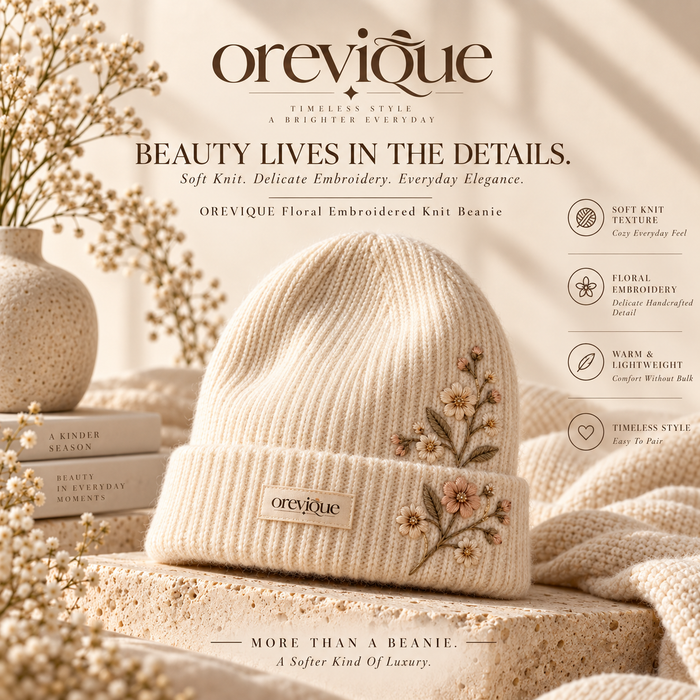 OREVIQUE® Floral Embroidered Knit Beanie – Soft Warm Botanical Winter Hat