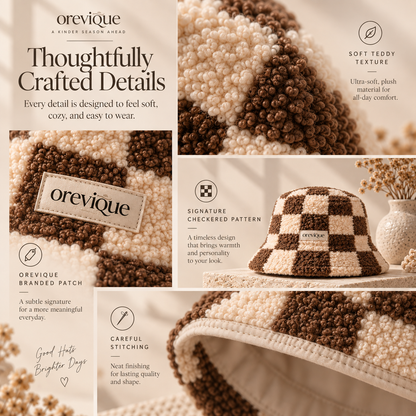 OREVIQUE® Teddy Checkered Bucket Hat – Soft Cozy Winter Hat