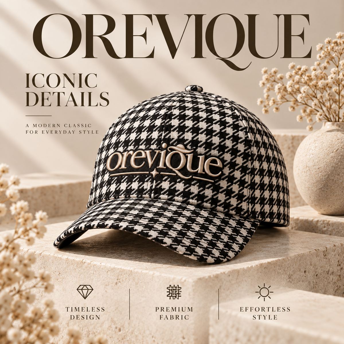 OREVIQUE® Houndstooth Baseball Cap – Classic Black & Cream Statement Hat